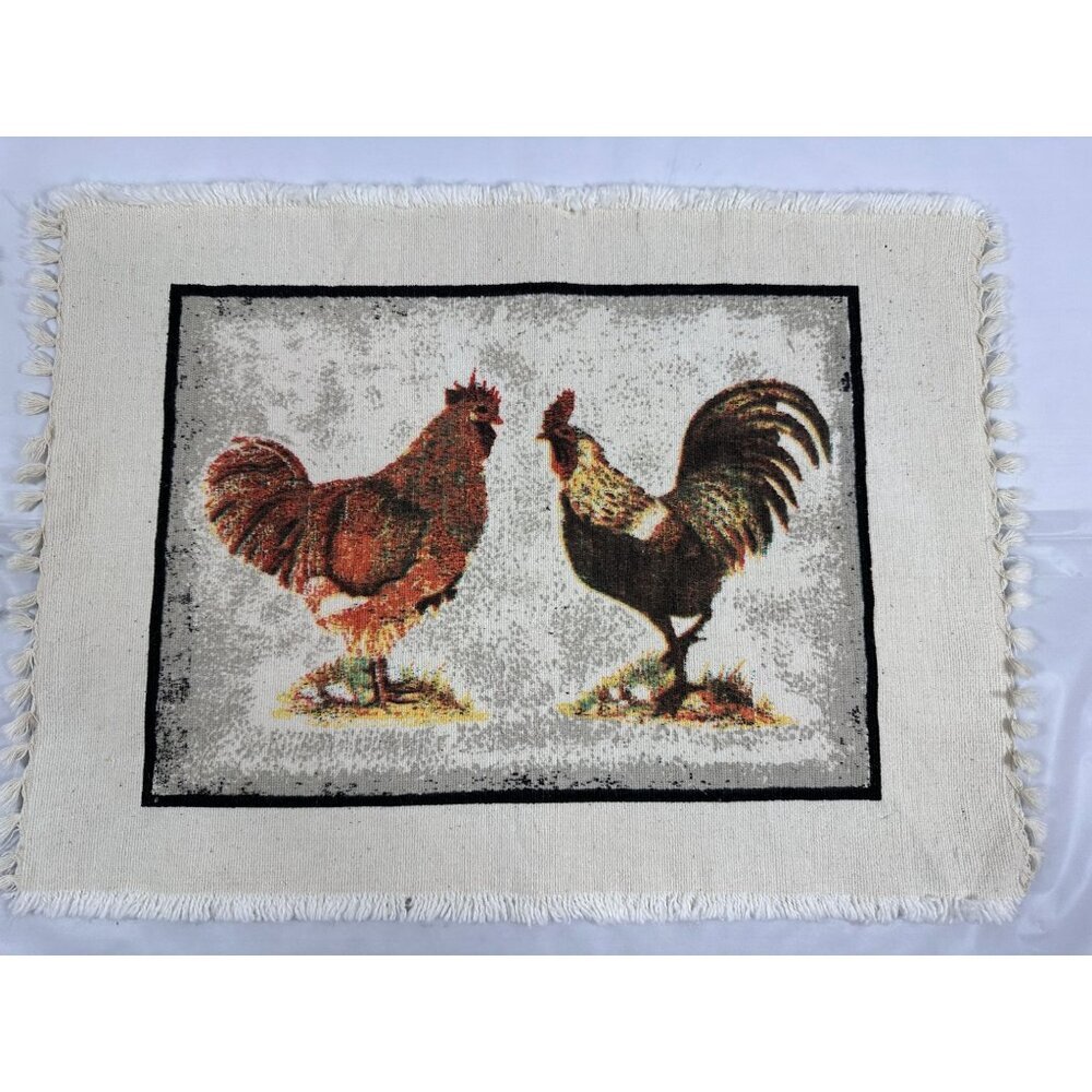 Set Of 6 Rustic Rooster Placemats Fringed Edges Linen Look Cottage Farmhouse - Picture 5 of 13